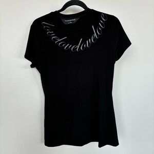 Norma Kamali Black Short Sleeve Top with Love Written Around The Neckline Size L